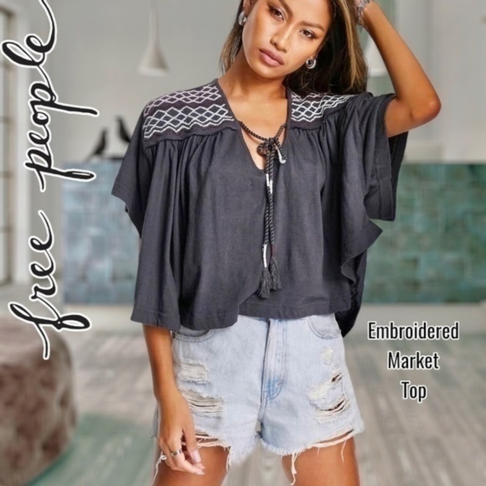 FREE PEOPLE Market Embroidered V-Neck Short Sleeve Boxy/Flowy Top NWT/MD